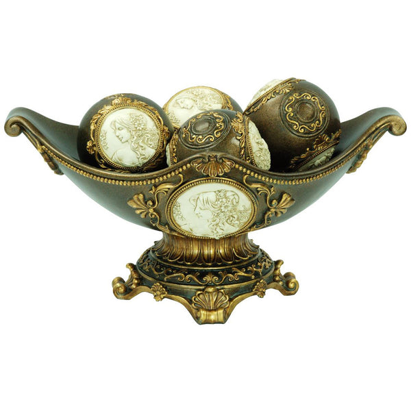 Homeroots 8" Bronze Polyresin Classical Greek Decorative Bowl With Orbs  Polyresin 468311