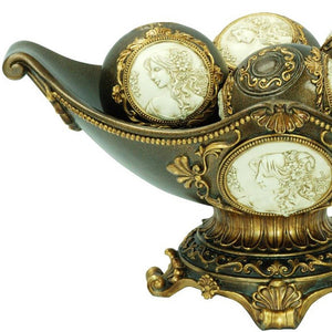 Homeroots 8" Bronze Polyresin Classical Greek Decorative Bowl With Orbs  Polyresin 468311