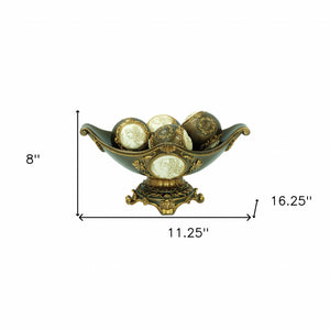 Homeroots 8" Bronze Polyresin Classical Greek Decorative Bowl With Orbs  Polyresin 468311