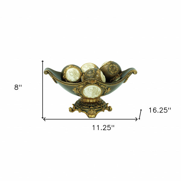 Homeroots 8" Bronze Polyresin Classical Greek Decorative Bowl With Orbs  Polyresin 468311