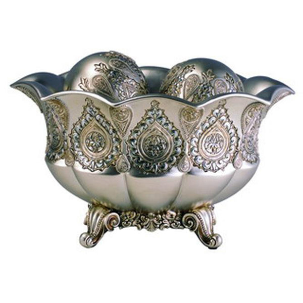 Homeroots 7" Silver Scalloped Design Polyresin Decorative Bowl With Orbs  Polyresin 468312