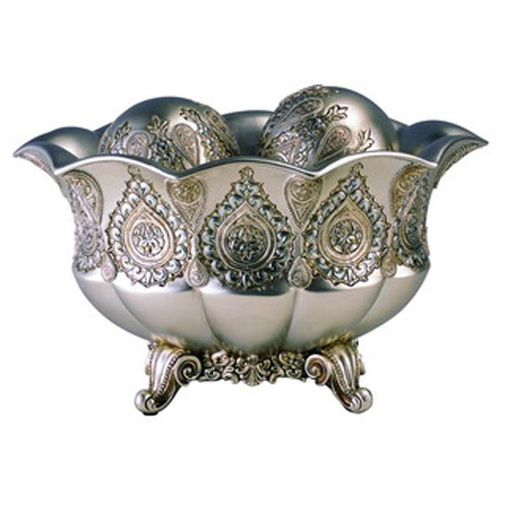 Homeroots 7" Silver Scalloped Design Polyresin Decorative Bowl With Orbs  Polyresin 468312