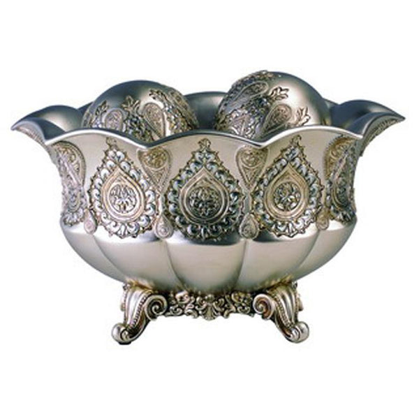 Homeroots 7" Silver Scalloped Design Polyresin Decorative Bowl With Orbs  Polyresin 468312