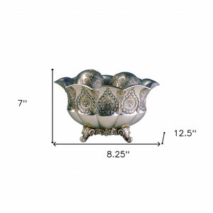 Homeroots 7" Silver Scalloped Design Polyresin Decorative Bowl With Orbs  Polyresin 468312