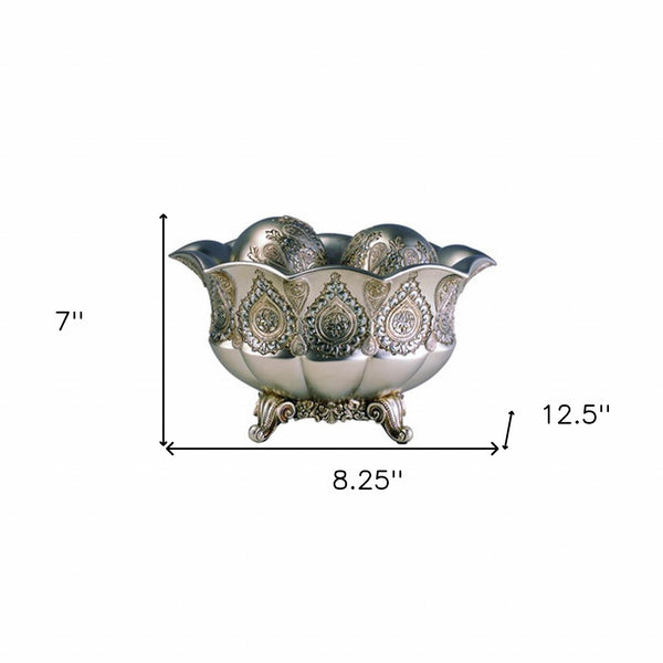 Homeroots 7" Silver Scalloped Design Polyresin Decorative Bowl With Orbs  Polyresin 468312