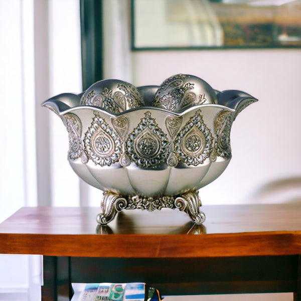 Homeroots 7" Silver Scalloped Design Polyresin Decorative Bowl With Orbs  Polyresin 468312