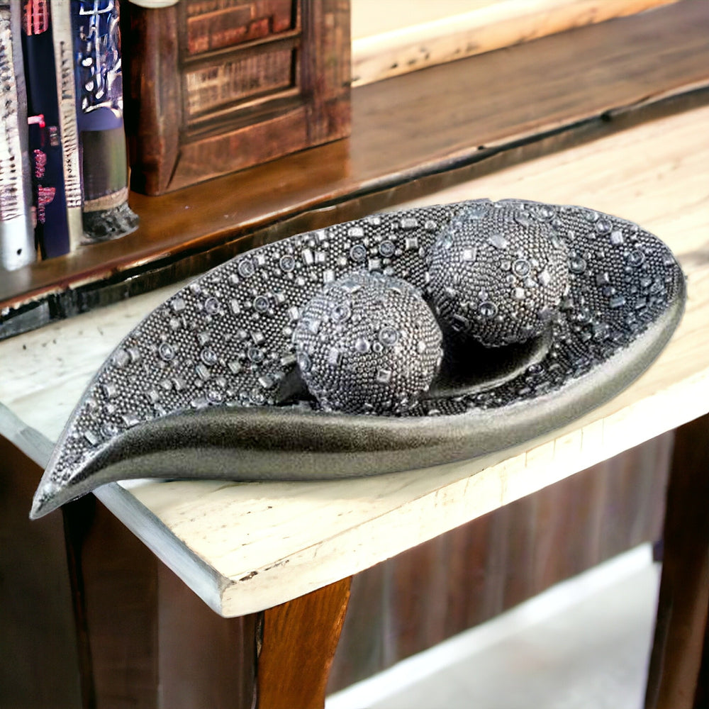 Homeroots 6" Silver Long Polyresin Decorative Bowl With Orbs  Polyresin 468315