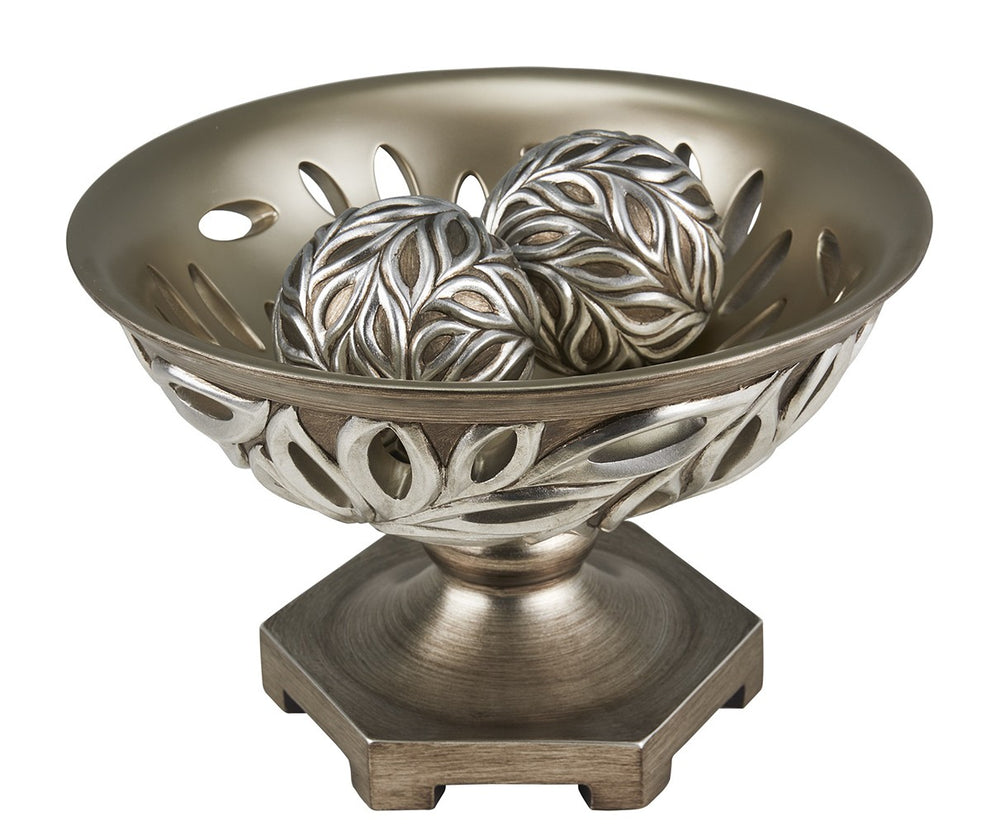 Homeroots 13" Brushed Silver Leaf Polyresin Decorative Pedestal Bowl With Orbs  Polyresin 468319