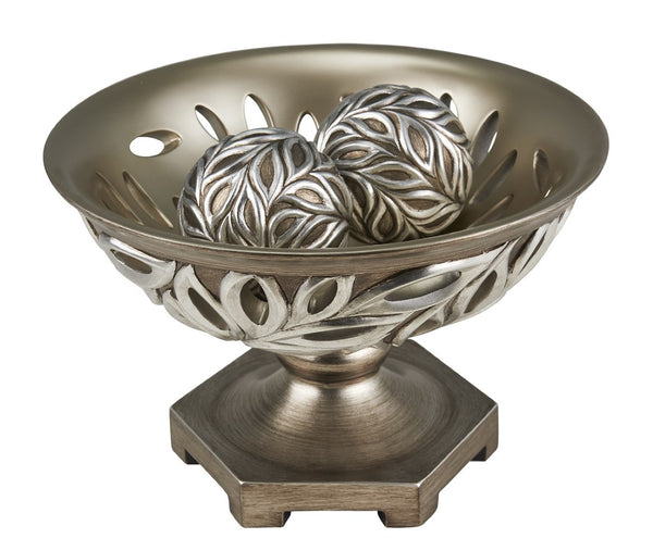 HomeRoots 13" Brushed Silver Leaf Decorative Pedestal Bowl with Orbs - Elegant Home Accent for Any Occasion 468319
