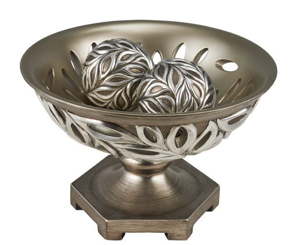 HomeRoots 13" Brushed Silver Leaf Decorative Pedestal Bowl with Orbs - Elegant Home Accent for Any Occasion 468319