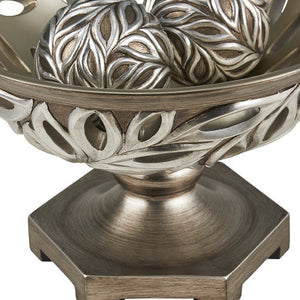 HomeRoots 13" Brushed Silver Leaf Decorative Pedestal Bowl with Orbs - Elegant Home Accent for Any Occasion 468319