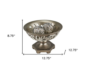 HomeRoots 13" Brushed Silver Leaf Decorative Pedestal Bowl with Orbs - Elegant Home Accent for Any Occasion 468319