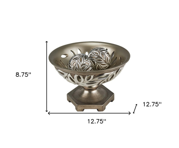 HomeRoots 13" Brushed Silver Leaf Decorative Pedestal Bowl with Orbs - Elegant Home Accent for Any Occasion 468319