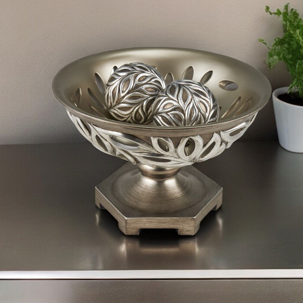 Homeroots 13" Brushed Silver Leaf Polyresin Decorative Pedestal Bowl With Orbs  Polyresin 468319