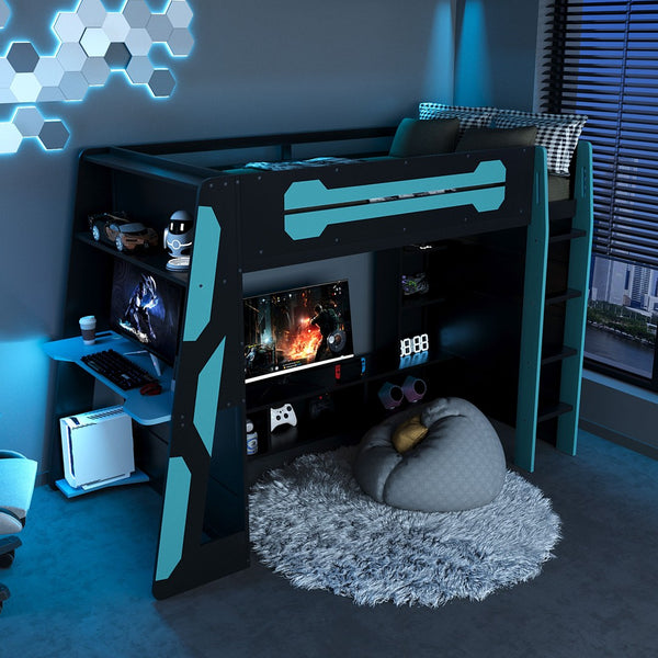 English Elm Twin Gaming Loft Bed with Desk Rgb Lighting and Multi-tier Shelves for Teen Rooms Blue LT000160AAC