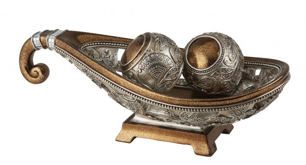 Homeroots 7" Gold And Silver Polyresin Decorative Bowl With Orbs  Polyresin 468321