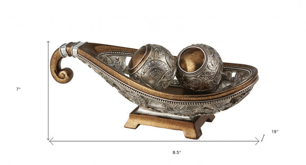 Homeroots 7" Gold And Silver Polyresin Decorative Bowl With Orbs  Polyresin 468321