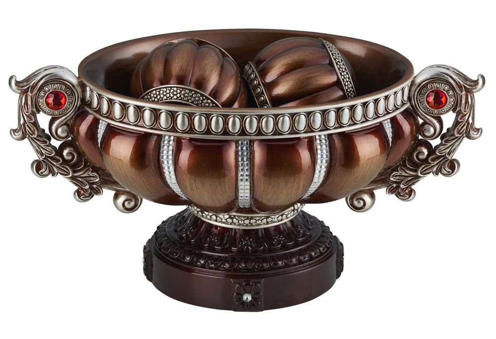Homeroots 9" Reddish Bronze And Silver Polyresin Decorative Bowl With Orbs  Polyresin 468323