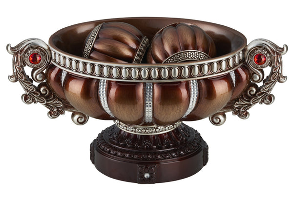 HomeRoots 9" Reddish Bronze & Silver Polyresin Decorative Bowl with Orbs - Elegant Centerpiece for Any Space 468323