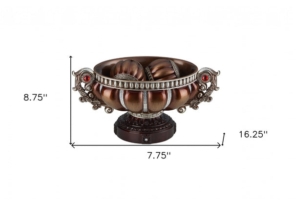 HomeRoots 9" Reddish Bronze & Silver Polyresin Decorative Bowl with Orbs - Elegant Centerpiece for Any Space 468323