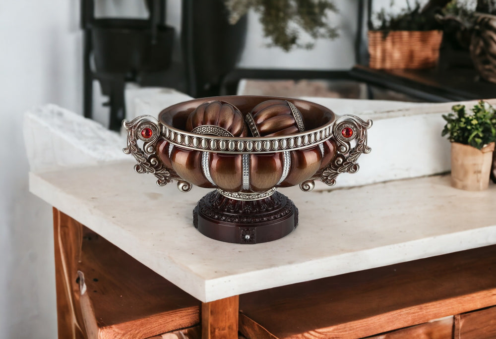 Homeroots 9" Reddish Bronze And Silver Polyresin Decorative Bowl With Orbs  Polyresin 468323