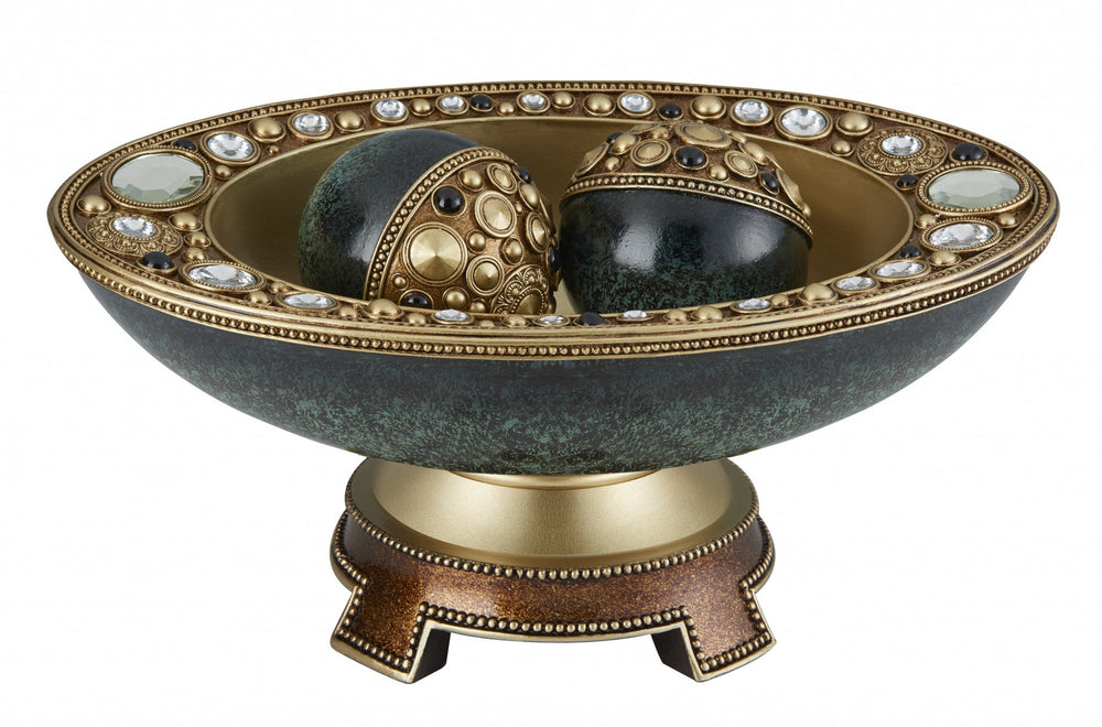 Homeroots 8" Marbleized Green And Gold Polyresin Decorative Bowl With Orbs  Polyresin 468324