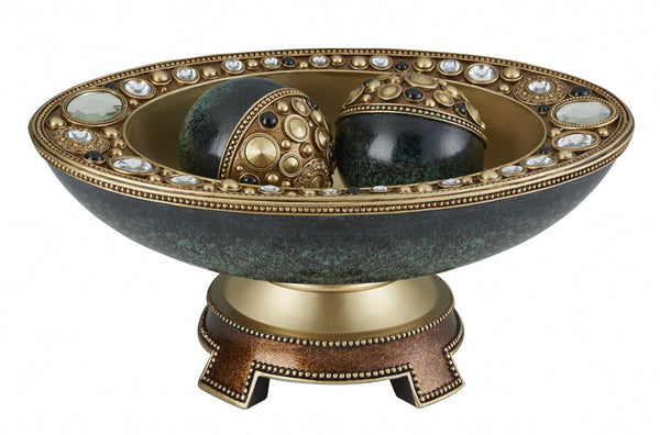 Homeroots 8" Marbleized Green And Gold Polyresin Decorative Bowl With Orbs  Polyresin 468324