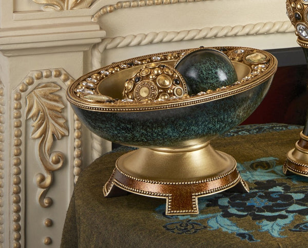 Homeroots 8" Marbleized Green And Gold Polyresin Decorative Bowl With Orbs  Polyresin 468324
