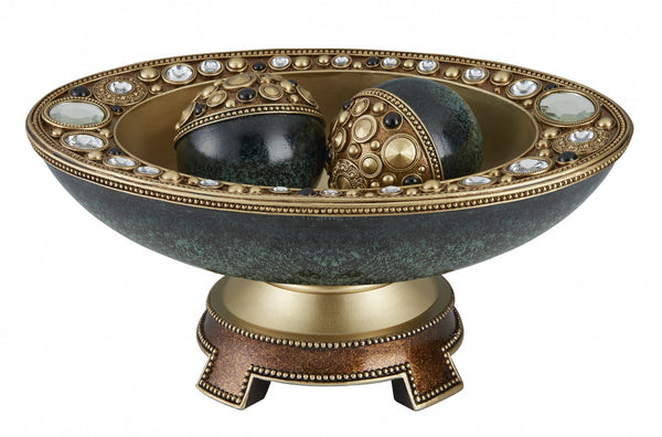 Homeroots 8" Marbleized Green And Gold Polyresin Decorative Bowl With Orbs  Polyresin 468324