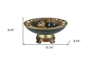 Homeroots 8" Marbleized Green And Gold Polyresin Decorative Bowl With Orbs  Polyresin 468324