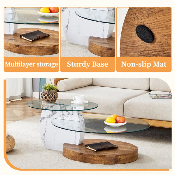 English Elm Contemporary White Marble & Wood Grain Double-Layer Coffee Table with Tempered Glass Top, Stylish Centerpiece W1512P386948