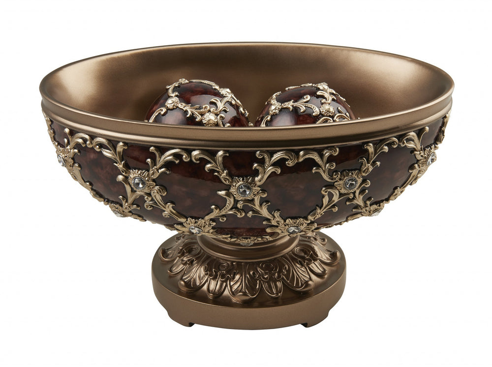 Homeroots 8" Matte Gold And Bling Polyresin Decorative Bowl With Orbs  Polyresin 468326
