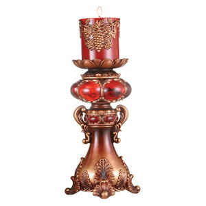 Homeroots 16" Tall Red And Brown Faux Marble Candle Holder With Candle   468327