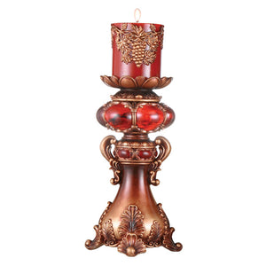 Homeroots 16" Tall Red And Brown Faux Marble Candle Holder With Candle   468327
