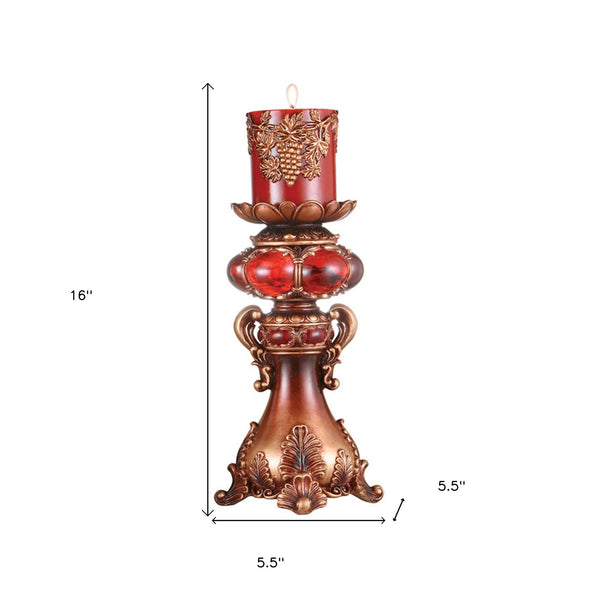 Homeroots 16" Tall Red And Brown Faux Marble Candle Holder With Candle   468327