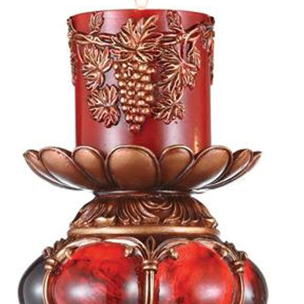 Homeroots 20" Brown And Red Faux Marble Tabletop Candle Holder And Candle   468328