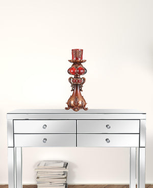 Homeroots 20" Brown And Red Faux Marble Tabletop Candle Holder And Candle   468328