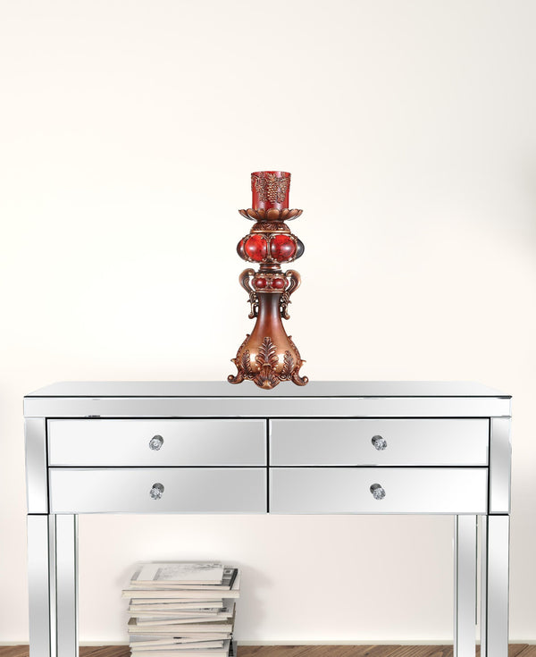 Homeroots 20" Brown And Red Faux Marble Tabletop Candle Holder And Candle   468328