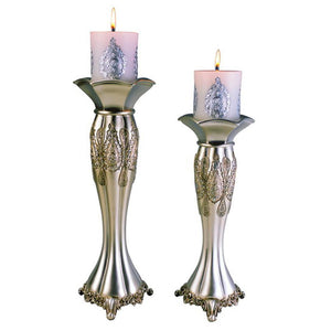 Homeroots Set Of Two Silver Metallic Polyresin Ornate Tabletop Pillar Candle Holders With Candle   468329