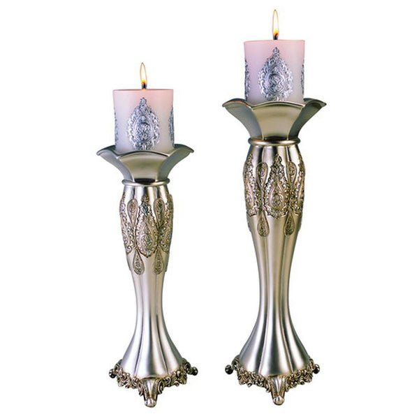 Homeroots Set Of Two Silver Metallic Polyresin Ornate Tabletop Pillar Candle Holders With Candle   468329