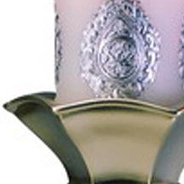 Homeroots Set Of Two Silver Metallic Polyresin Ornate Tabletop Pillar Candle Holders With Candle   468329