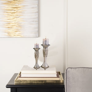 Homeroots Set Of Two Silver Metallic Polyresin Ornate Tabletop Pillar Candle Holders With Candle   468329