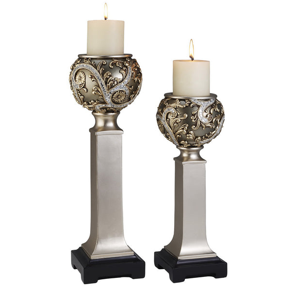 Homeroots Set Of Two Silver Polyresin Filigree Tabletop Pillar Candle Holders With Candle   468330