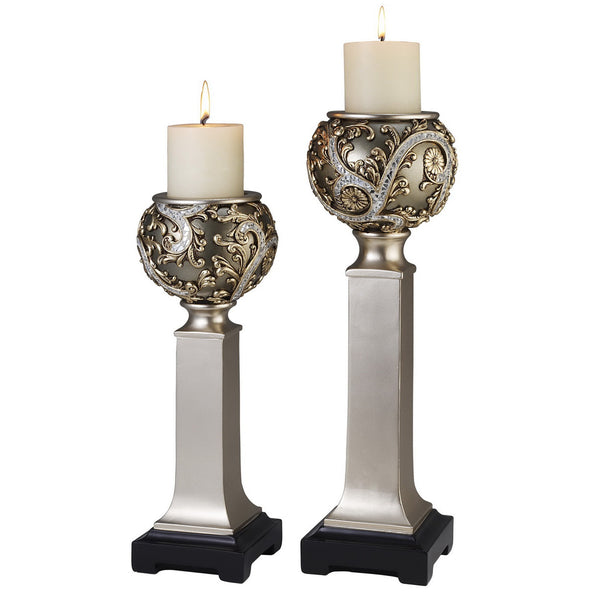 Homeroots Set Of Two Silver Polyresin Filigree Tabletop Pillar Candle Holders With Candle   468330