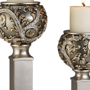 Homeroots Set Of Two Silver Polyresin Filigree Tabletop Pillar Candle Holders With Candle   468330