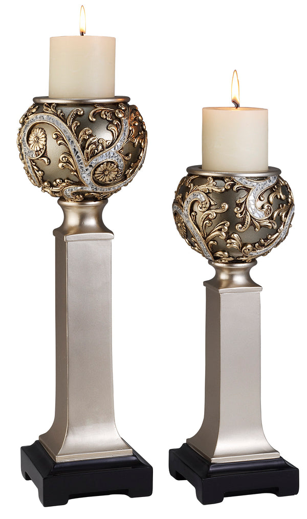 Homeroots Set Of Two Silver Polyresin Filigree Tabletop Pillar Candle Holders With Candle   468330