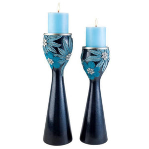 Homeroots Set Of Two Navy And Aqua Floral Bling Candle Holders With Candles Aqua Blue  468334