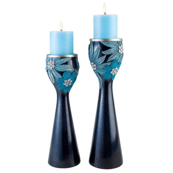 Homeroots Set Of Two Navy And Aqua Floral Bling Candle Holders With Candles Aqua Blue  468334