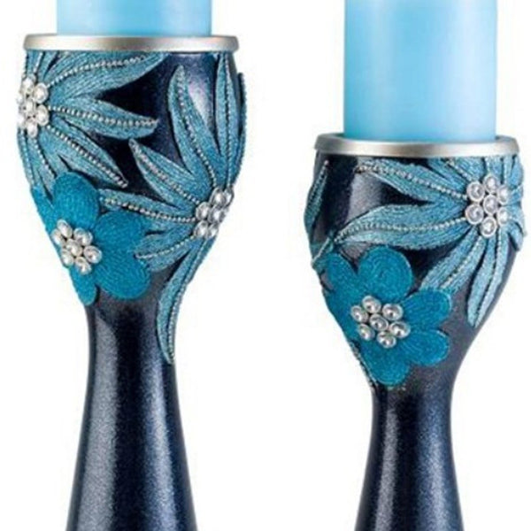 Homeroots Set Of Two Navy And Aqua Floral Bling Candle Holders With Candles Aqua Blue  468334