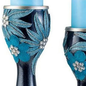 Homeroots Set Of Two Navy And Aqua Floral Bling Candle Holders With Candles Aqua Blue  468334
